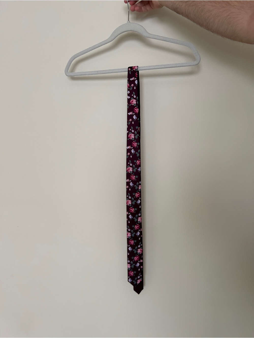 Express Floral Skinny Tie - Burgundy with Pink Accents